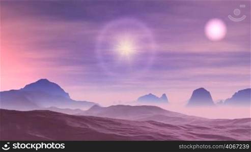 Rare clouds float in the dark sky. Two suns shine brightly. One of them, surrounded by a halo, moves to the horizon. In the atmosphere a pink haze. Dark hills covered with thick fog.