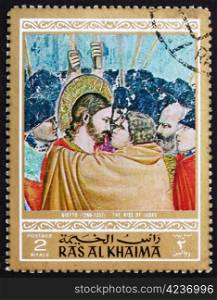 RAS AL-KHAIMAH - CIRCA 1970: a stamp printed in the Ras al-Khaimah shows The Kiss of Judas, Painting by Giotto di Bondone, Life of Jesus Christ, circa 1970