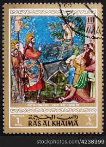 RAS AL-KHAIMAH - CIRCA 1970: a stamp printed in the Ras al-Khaimah shows Entry into Jerusalem, Painting by Giotto di Bondone, Life of Jesus Christ, circa 1970