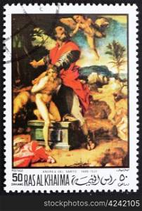 RAS AL-KHAIMAH - CIRCA 1970: a stamp printed in the Ras al-Khaimah shows The Sacrifice of Abraham, Painting by Andrea del Sarto, circa 1970