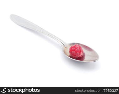 raspberries and spoon on a white background