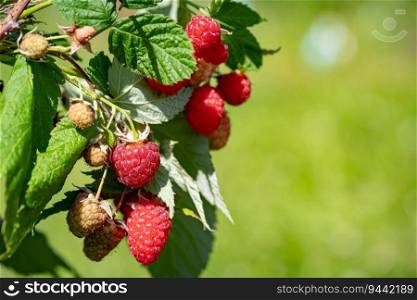 Raspberries. Branch of ripe raspberries in a garden. Close up of raspberry plant.. Branch of ripe raspberries in a garden.