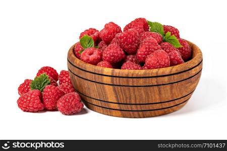 Raspberries in a bowl isolated on white background. . Raspberries in a bowl