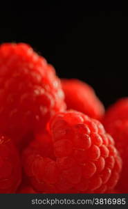 Raspberries in close up with shallow depth of field. Black background