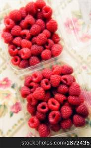 Raspberries in containers, close-up, elevated view