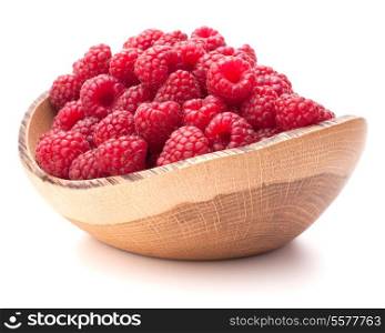 raspberries in wooden bowl isolated on white background cutout