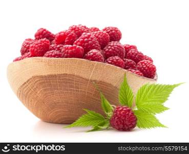 raspberries in wooden bowl isolated on white background cutout