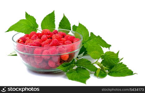 Raspberries with green leafs isolated on white background