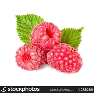 Raspberries with leaves isolated on white background