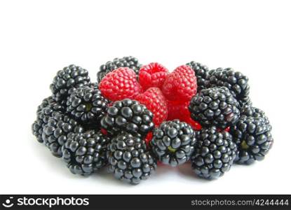 raspberry and blackberry on white isolated background