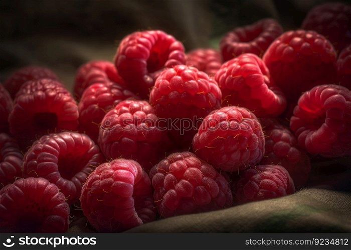 Raspberry bush closeup. Ripe fresh fruit. Generate Ai. Raspberry bush closeup. Generate Ai