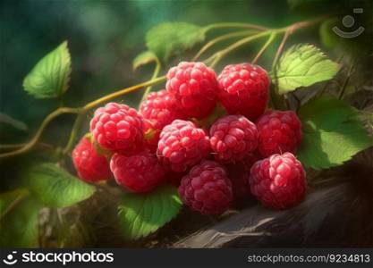 Raspberry bush plant. Harvest branch. Generate Ai. Raspberry bush plant. Generate Ai