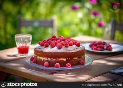 Raspberry cake in sunlight. Slice pastry. Generate Ai. Raspberry cake in sunlight. Generate Ai