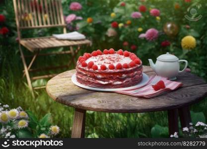 Raspberry cake on table. Pastry food. Generate Ai. Raspberry cake on table. Generate Ai