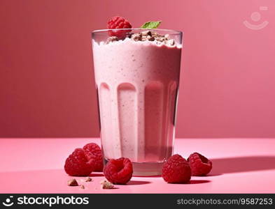 Raspberry frozen yogurt cream milkshake on pink background.AI Generative