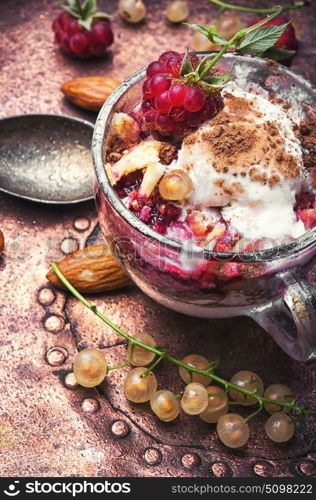 raspberry ice cream in cup. Sundae ice cream with raspberry taste in a glass mug