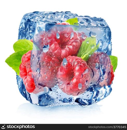 Raspberry in ice with drops isolated on white