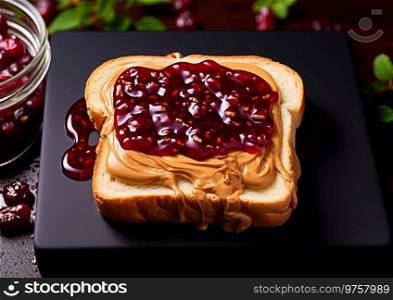 Raspberry jam and peanut butter on toasted bread on dark background.AI Generative