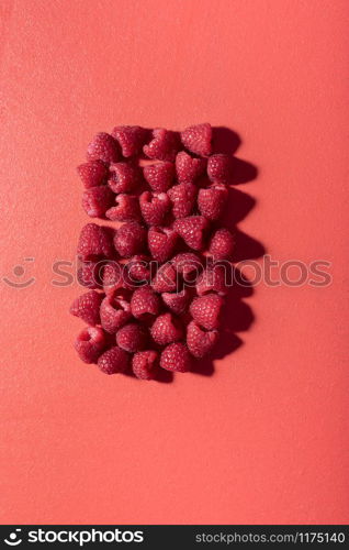 Raspberry pile in a rectangle shape on a lush lava table. Above view of freshly collected raspberries in sunlight. Summer fruits. Red monotone shades.