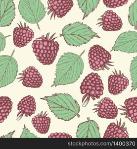 Raspberry seamless pattern. Sketch pink berries and green leaves on beige background. Vintage style vector illustration for textile, scrapbooking, clothing design. raspberry seamless pattern vintage style vector illustration