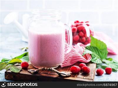 Raspberry Smoothie in glass bank a?? stock image