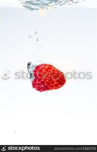 Raspberry splashing into crystal clear water with air bubbles sinking underwater