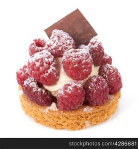raspberry tartlet in front of white background
