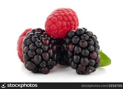 Raspberry with blackberry on white background.