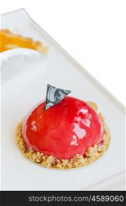 Raspberry yogurt mousse , sweet red dessert on plate