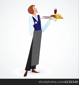 Raster illustration of a young slim waiter holding a tray with food