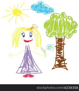 Raster illustration of crayon painted girl with flower