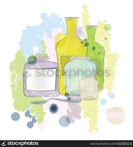 Raster illustration of water colored jars and bottles