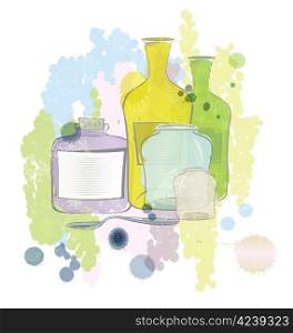 Raster illustration of water colored jars and bottles