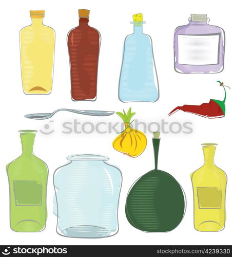 Raster illustration of water colored jars icon set