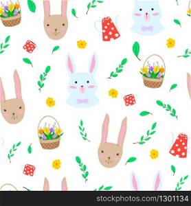 Raster seamless pattern Easter bunnies. Christian holiday, flowers, spring. For design of clothes, cards, invitations, textiles.