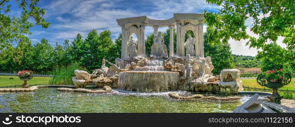 Ravadinovo, Bulgaria ? 07.11.2019. Large antique fountain in the form of a sculptural composition in the castle of Ravadinovo, Bulgaria, on a sunny summer day. Large antique fountain in the castle of Ravadinovo, Bulgaria