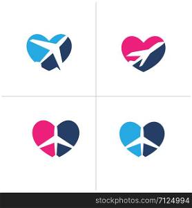 ravel logos set design. Ticket agency and tourism vector icons, airplane in bag and globe. Luggage bag logo, world tour illustration, plane in heart shape symbol.