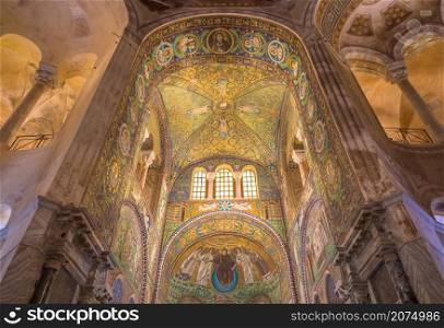 RAVENNA, ITALY - CIRCA AUGUST 2020: historic byzantine mosaic in Saint Vitale Basilica