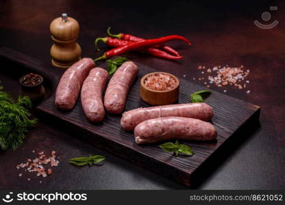 Raw barbecue sausages with spices and herbs. Free space for your text. Raw sausages with ingredients on a cutting board on a dark concrete background with copy space