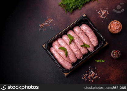 Raw barbecue sausages with spices and herbs. Free space for your text. Raw sausages with ingredients on a cutting board on a dark concrete background with copy space