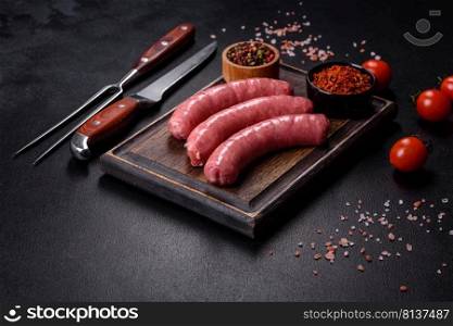 Raw barbecue sausages with spices and vegetables. Free space for your text. Raw sausages with ingredients on a cutting board on a stone background with copy space