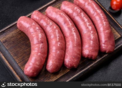 Raw barbecue sausages with spices and vegetables. Free space for your text. Raw sausages with ingredients on a cutting board on a stone background with copy space