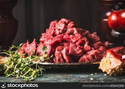 Raw Beef goulash of young bulls , chopped meat, close up, side view