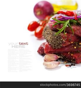 Raw beef steak and vegetables over white (with easy removable sample text)