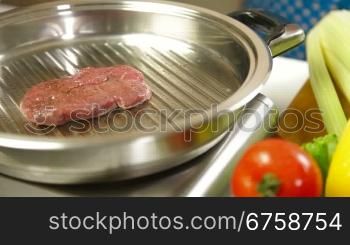 Raw Beef Steak Grilled On Grill Pan