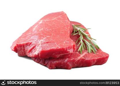 Raw beef steak with rosemary isolated on white background close up. Raw beef steak with rosemary isolated on white background
