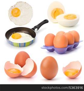 Raw, boiled and fried eggs isolated on white background cutout