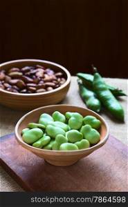 Raw broad beans (lat. Vicia faba) in bowl with pods and roasted broad beans in the back, photographed with natural light (Selective Focus, Focus one third into the beans)