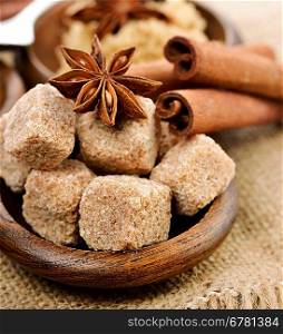 Raw Brown Cane Sugar ,Cinnamon And Anise Star,Close Up