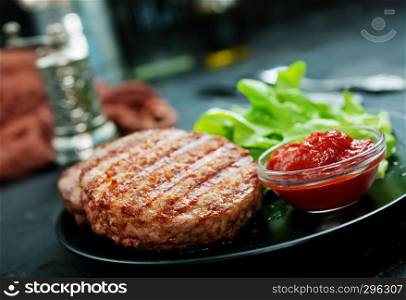 raw burger on plate on a table